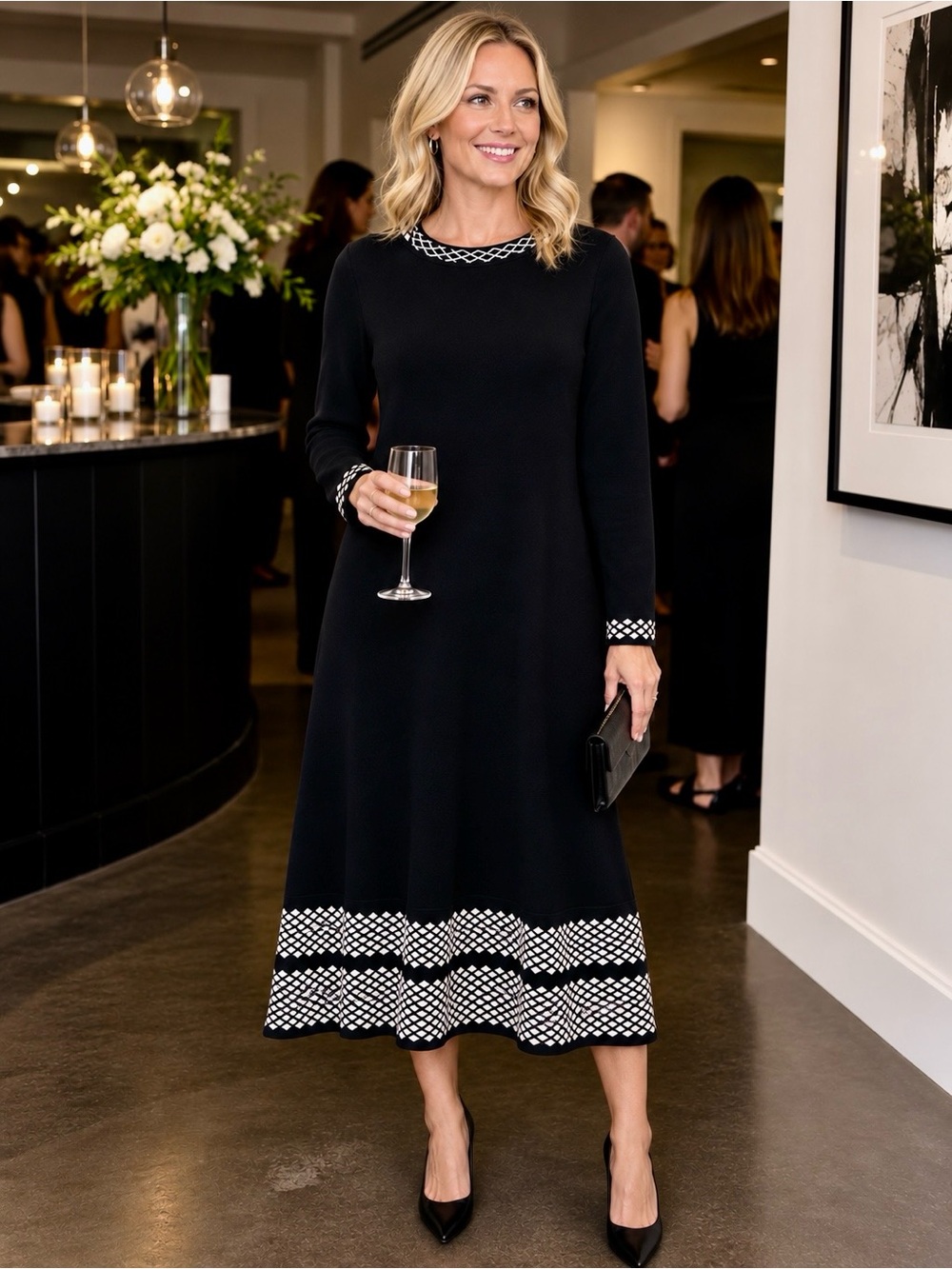 Eliza J Black Sweater Midi Dress with Lattice Print Edging - size Large!